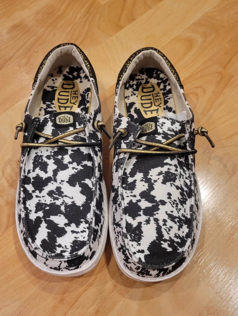 Hey Dude Wendy Funk Cowgirl White Black Cow Print Gold Size 7 - Picture 5 of 15
